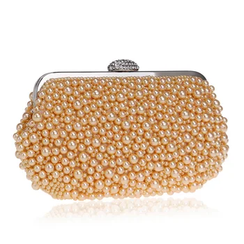 

Elegant Women Evening Bags Champagne Shell Handbags Full Pearl Beading Chian Shoulder Messenger Bag Wedding Evening Clutch