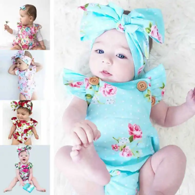 

2018 newborns Body Girls Summer blue with floral prints back Cute neonatal slinky suit beach suit with bandage 2 pcs