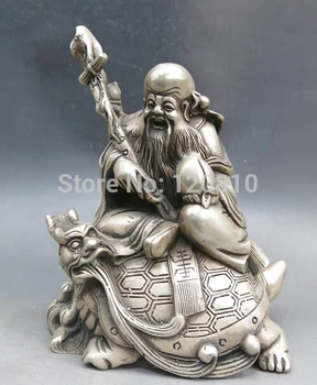 

66000277" China silver carved buddhism longevity buddha Dragon Turtle sculpture Statue