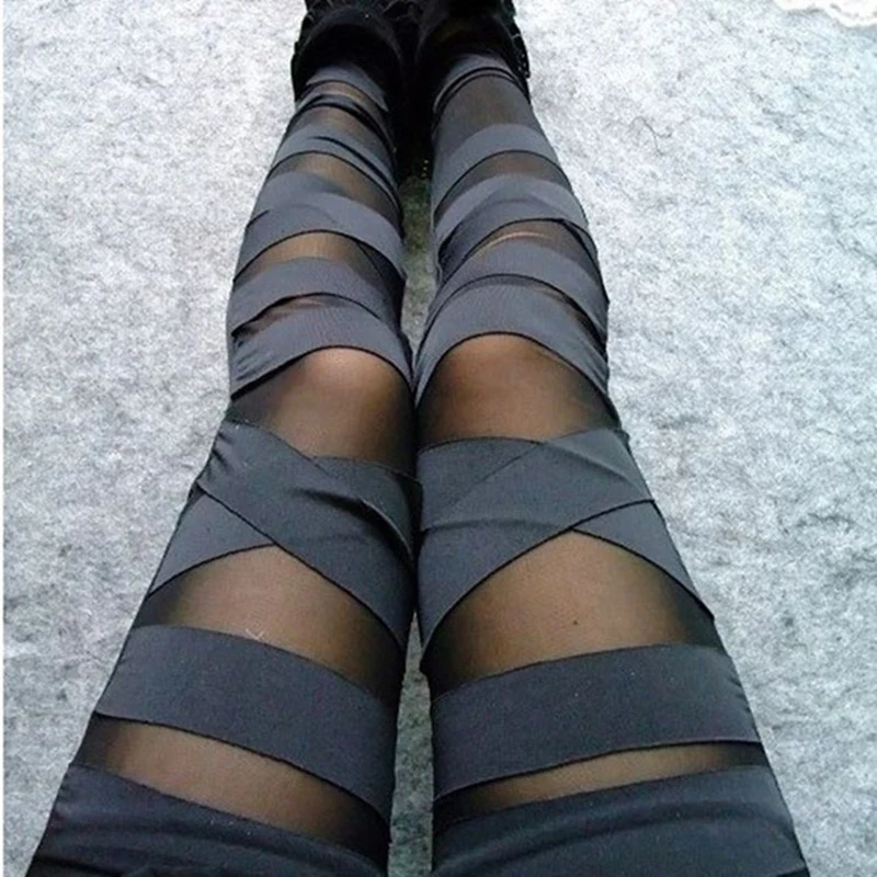 

Women Casual Fashion Gothic Legging leggins Slim High Waist Leggings Woman Pants Milk Silk Hollow Strap Fitness Leggings