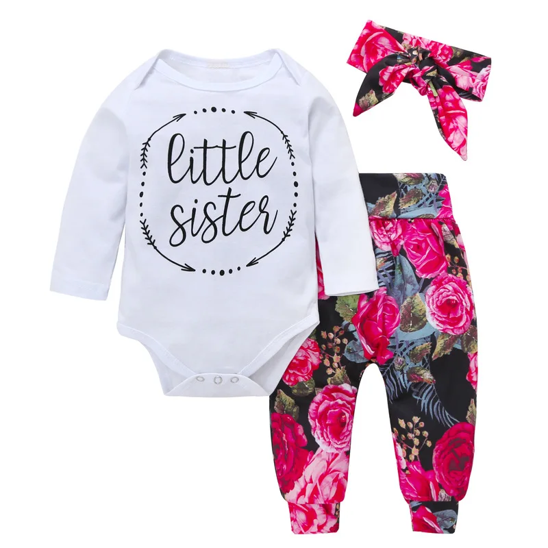 Newborn Baby Girls Clothes Set Long Sleeves Baby Sister Tops +pants+hat