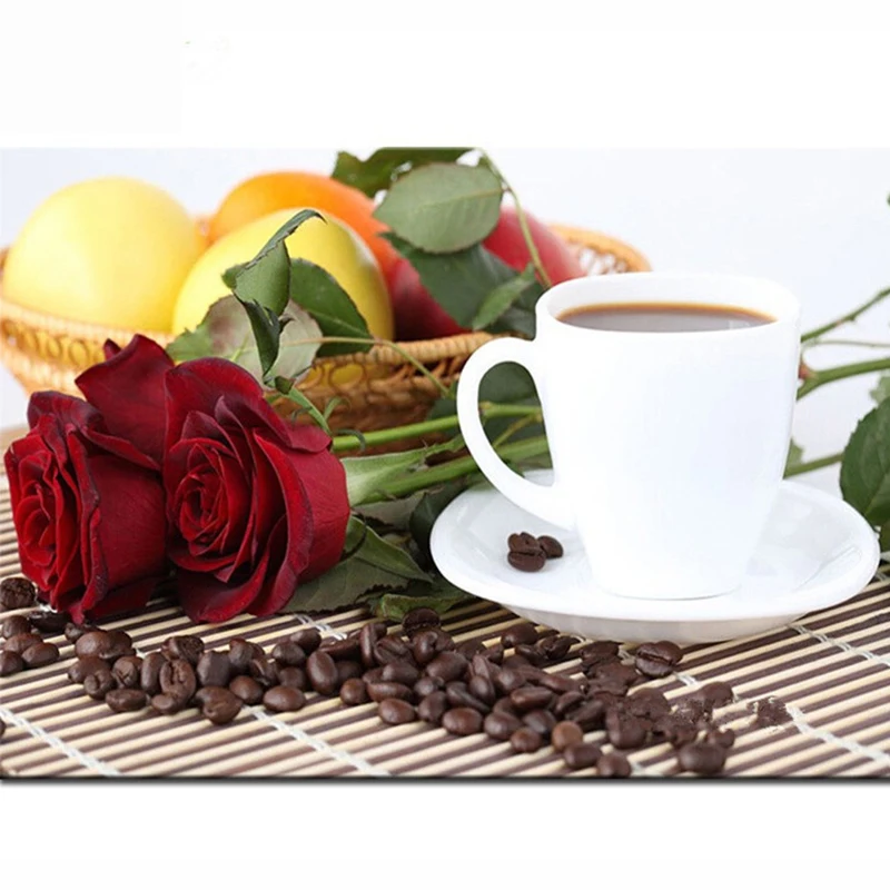 Square Diamond Embroidery Full Needlework Rose Coffee Cup DIY Diamond Painting Cross Stitch Rhinestone Handmade Craft Wall