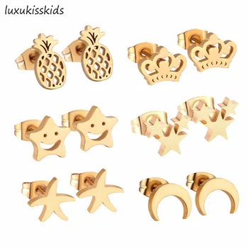 LUXUKISSKIDS 6Pairs/Box Stainless Steel Stud Earrings,Pineapple Crown Star Moon and Smile Face Shape Women Fashion Earrings
