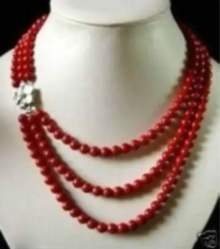 

FREE SHIPPING Beautiful 3rows 6mm red coral necklace 17-20" NEW HOT sell