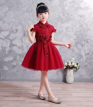 

2019 High Quality Handmade wedding Girls Dress With Lace Red O-neck Flower Children Evening Dresses for Girls Costume 3-12Y