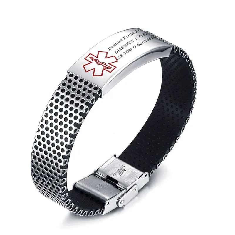 

Men Stainless Steel Bracelet Custom ID Bangle Silver Watch Brands Medical Alert Personalized Male Wristbands Diabetic Jewelry