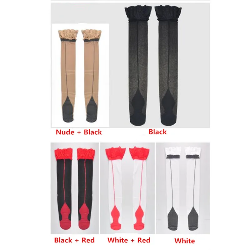 Сексуальные Длинные чулочно-носочные изделия с кружевным верхом, сексуальные чулки до колена, нейлоновые чулки на Кубинском каблуке с задним швом для подвязок, сексуальное женское белье для женщин
