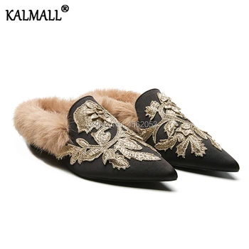

KALMALL Fashion Embroidered Female Shoes Outdoor Slippers Women Slip On Loafers Pointed Toe Flats Rabbit Fur Autumn Winter Mules