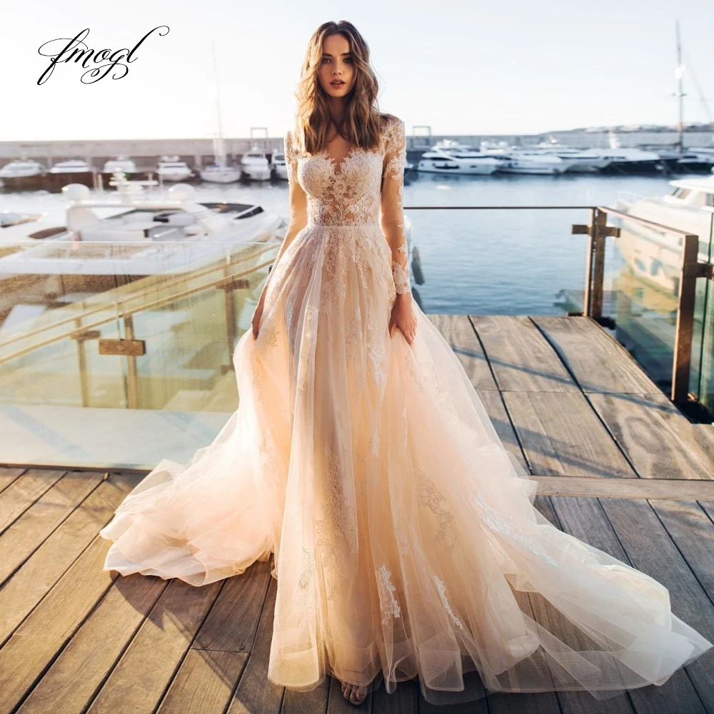 

Fmogl Sexy Illusion Long Sleeve Lace Vintage Wedding Dresses 2019 Luxury Appliques Beaded Court Train A Line Tulle Bridal Gowns