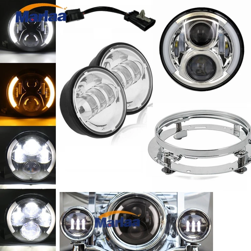 

7" Daymaker Led Headlight Mounting Ring Bracket 7" LED Hi/Lo Beam Head Light + 4.5" Auxiliary Fog Spot Lamps For Harley Davidson