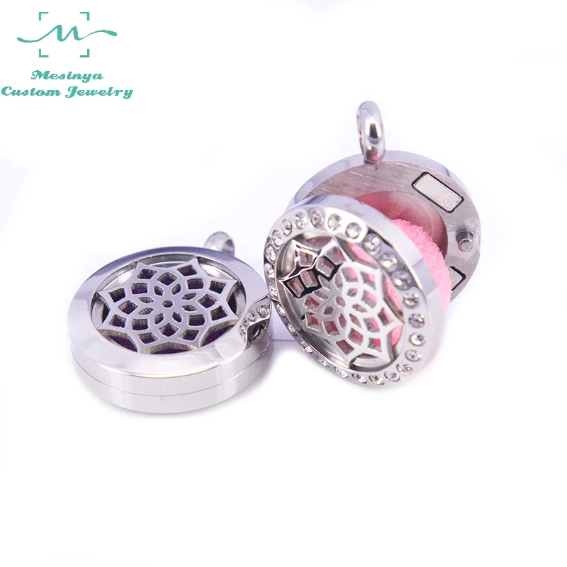 

10pcs Mesinya 20mm Yoga Lotus Aromatherapy / Essential Oils Surgical Stainless Steel Diffuser Locket Necklace With Shiny Chain