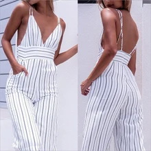 2017 Baru Wanita Striped Clubwear V-Neck Pakaian Bermain Jumpsuit Tanpa Lengan Jumper Bodycon Partai Jumpsuit Perempuan Musim Panas Backless Romper