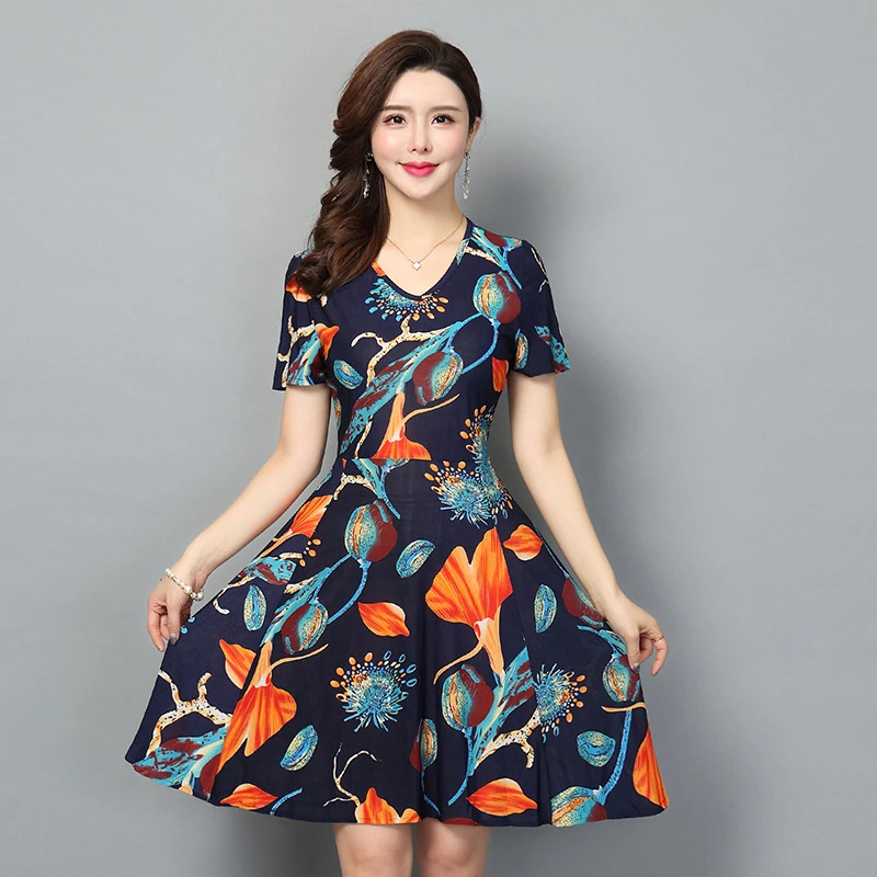 

Plue size V-neck Short-sleeved Dress 2019 New Summer Women Dress Temperament Casual Printing Slim Short Dress W066