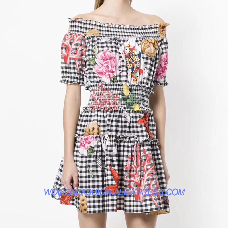 

Summer Sweet Black White Plaid Mini Dress Women 2018 Runway Sexy Off Shoulder Floral Printed Elastic Waist Female Party Clothing