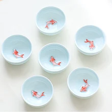 Чайный набор из 6 чайных чашек кунг-фу с 3D золотой рыбкой, китайские чайные чашки с хрустящей глазурью, чайная чаша для путешествий, китайский фарфоровый чайный набор