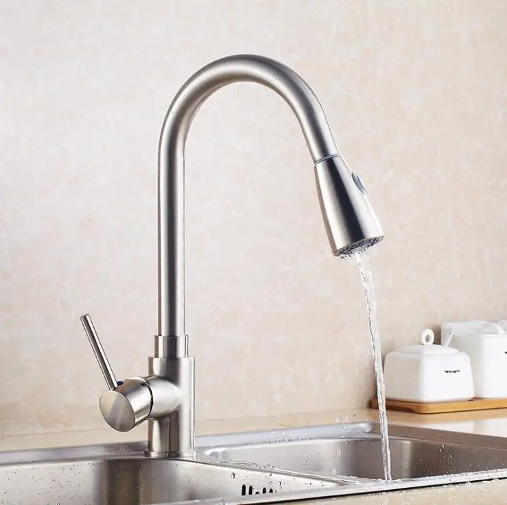 Kitchen Faucets Gold Single Handle Pull Out Kitchen Tap Single Hole Handle 360 Rotate Crane Chrome Hot Cold Sink Mixer XT-192 - Цвет: Nickel