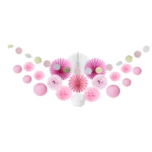 20pcs Pink Party Decoration Kit Circle Garland Polka Dot Paper Rosettes Lanterns Pom Pom for Wedding Birthday Bridal Shower girls pom pom detail polka dot sweater