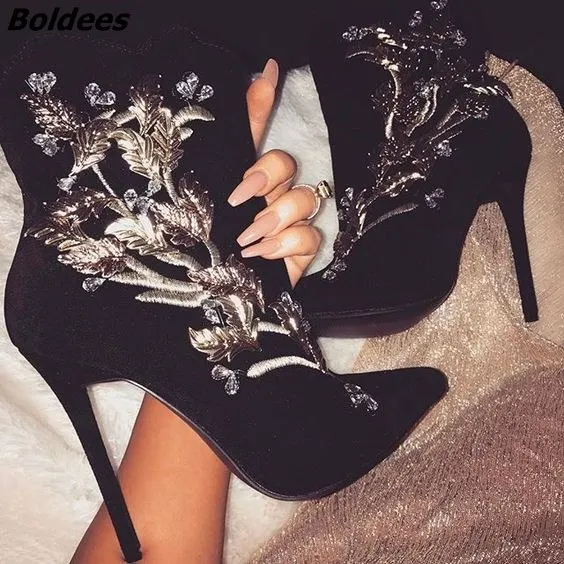 

Glamorous Black Suede Pointy Shorts Boots Classy Silvery Embroidered Flowers Decorated Stiletto Heel Ankle Boots New Arrival