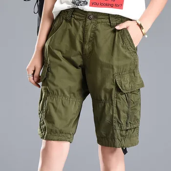 

Plus Size 2019 Summer Men/Womens Army Green Loose Jeans Trousers Multi-Pocket Denim Military Short Cargo Pants Pantalon Femmes