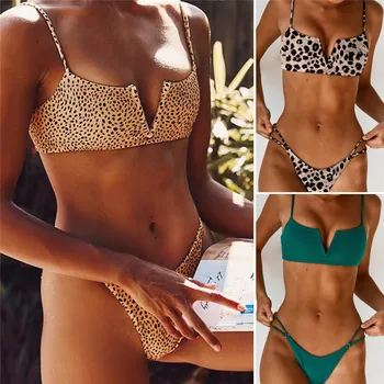 

New Women Sexy V-Neck Bandage Push-up Leopard Print Two-Pieces Bikini Set Swimsuits Beachwear Triangle Swimwear Swimsuit Bathing