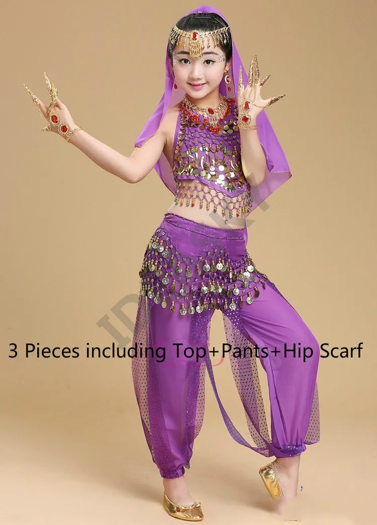 Детский костюм для восточного танца, костюмы для восточных танцев, одежда для танца живота, индийские костюмы для девочек, для взрослых - Цвет: Purple 3pcs