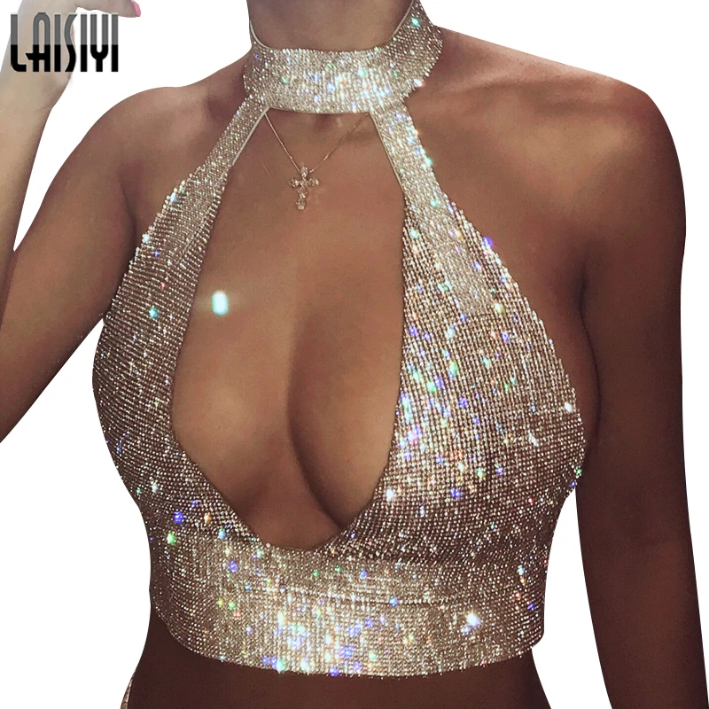 

LAISIYI Sexy Women Tank Top Halter Vests Hollow Out Camisole Short Tops Slim Shinny Bralette Camis Night Club Crop Top ASVE20450