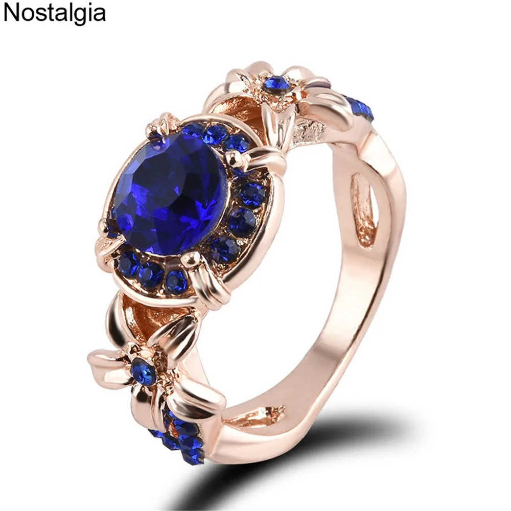 

Nostalgia Blue Red Rhinestone Rose Gold Flower Ring Stones And Crystals Couple Mens Womens Wedding Band Anillos De Compromiso