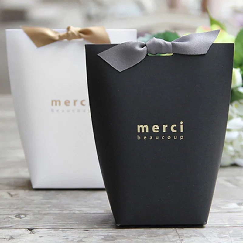 

5pcs 45cm Ribbon Merci Thank You Gift Box Candy Bag Folding Paper Box Cardboard Wedding Birthday Party candy Wedding Box bag
