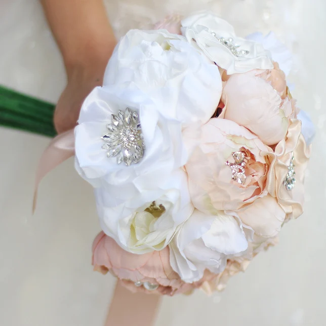 Абрикосовый пион со стразами для невесты букет высокого класса на заказ свадебные букеты Искусственные цветок, лента Букет пионов невесты
