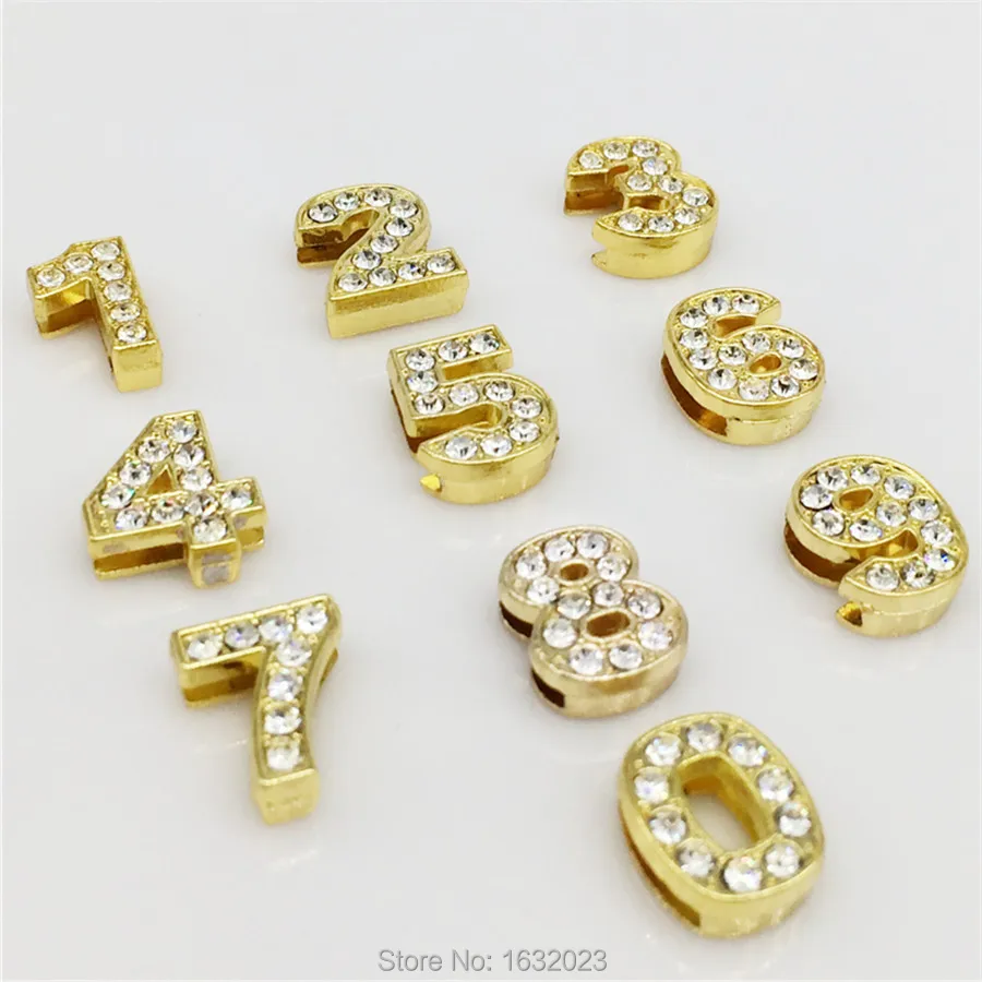 

50PCS/Lot 10MM Full Rhinestone Gold Color Slide Number"0-9""Number Choose Freely"Fit DIY Wristband Bracelet Wholesale SN04