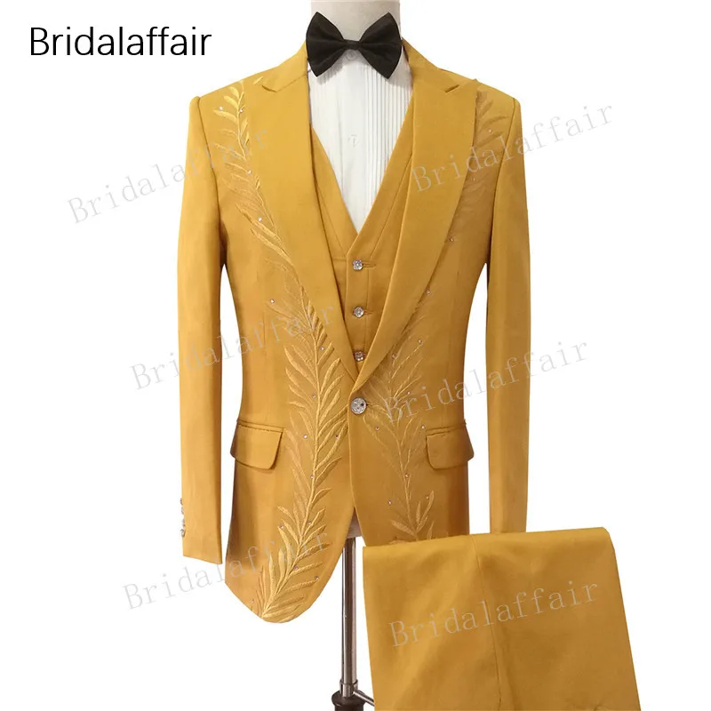 

Bridalaffair Tailored Golden Men Suit With Luxury Embroidery Wedding Tuxedo Groom Men's Prom Suits Set 3Pcs (Jacket+Pants+Vest)