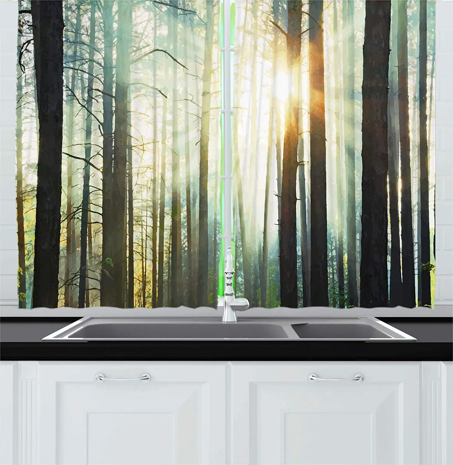

Nature Curtains Mist in The Forest with Sunbeams Painting Effect Digital Art Image Window Drapes for Living Room
