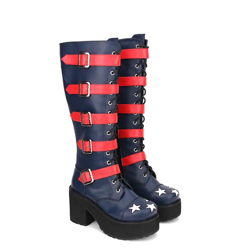 

Princess sweet punk shoes Spring and summer head belt buckle punk star high cylinder locomotive tie thick soled boots pu8920