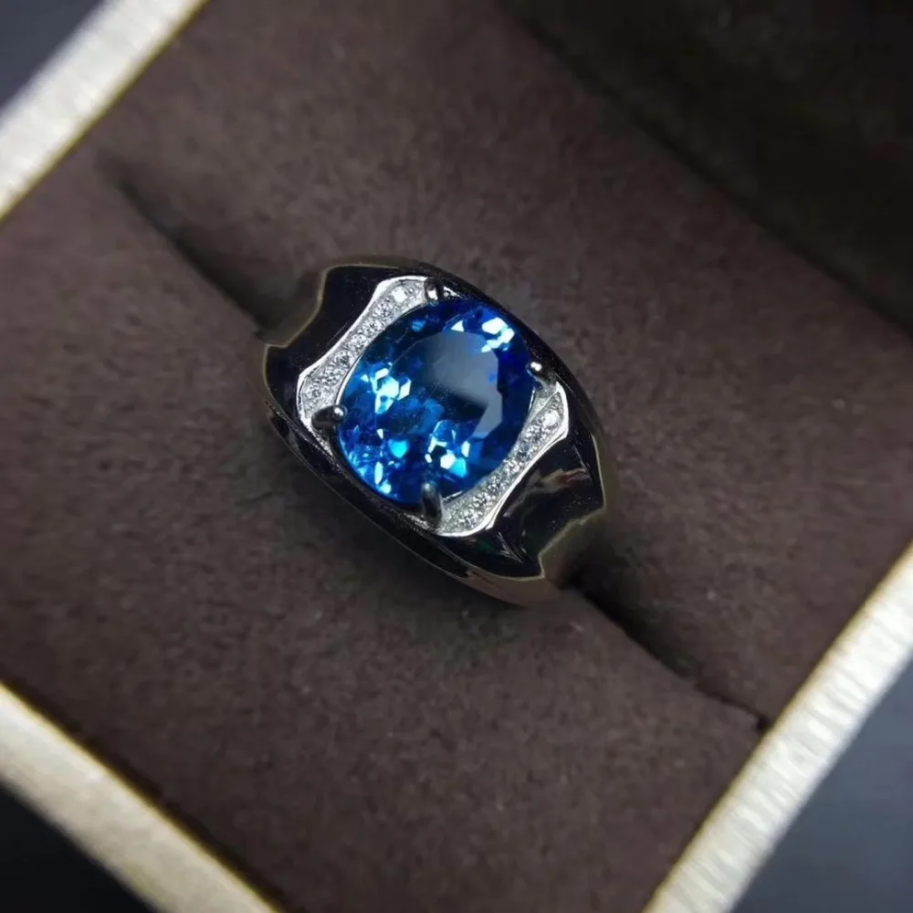 Натуральный голубой топаз роскошный Тяжелая кольцо S925 серебро природным драгоценным камнем круглой формы кольцо Для женщин человек вечерние подарок вечерние кольца ювелирные изделия