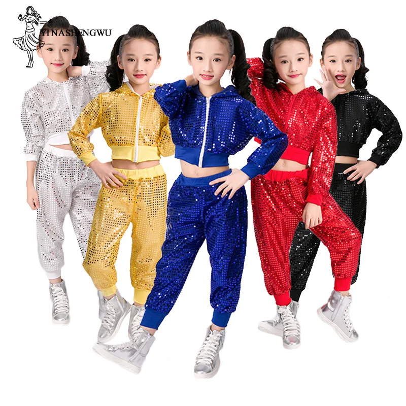 Детские джазовые танцевальные костюмы с блестками для выступлений, хип-хоп, танцевальные детские штаны, блестящая одежда, танцевальная одежда для мальчиков и девочек