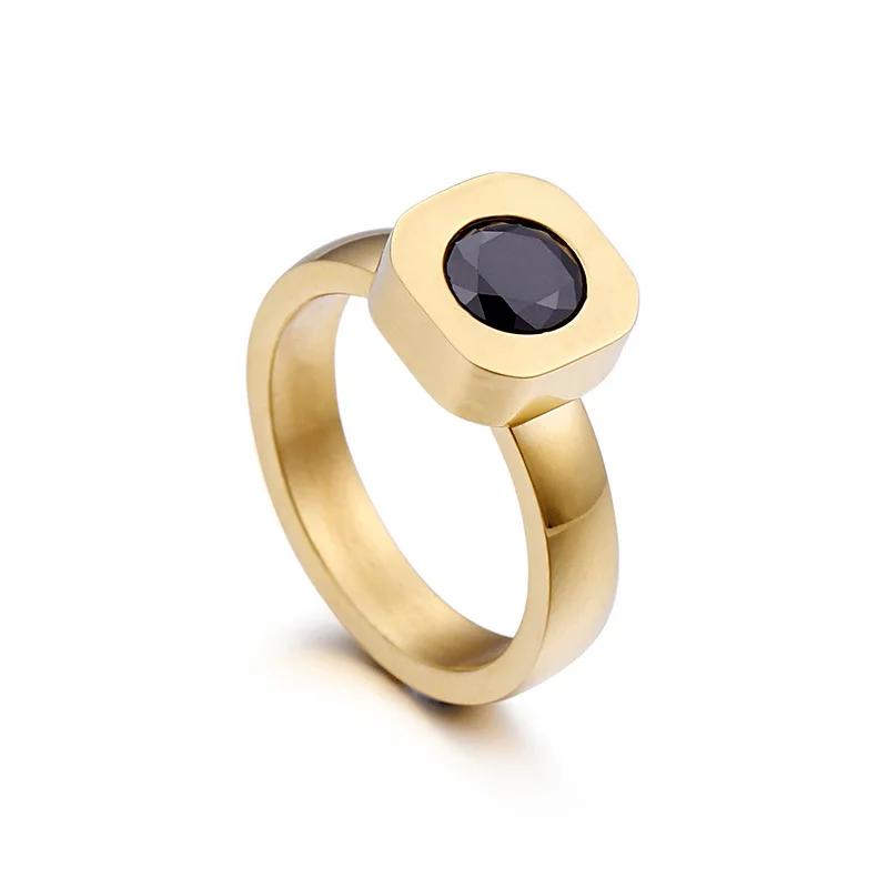 Новые цветные кольца с камнем для женщин, размер 6-9, нержавеющая сталь, золото/серебро, кольца на палец для девушек, обручальные кольца, подарок - Цвет основного камня: Black (Gold)