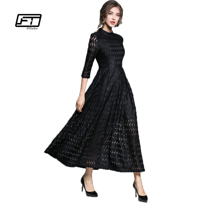 

Fitaylor 2018 Autumn New High Waist Slim Temperament Grace Retro Full Dress Hollow Out Big Swing Lace A-line Black Dress Woman