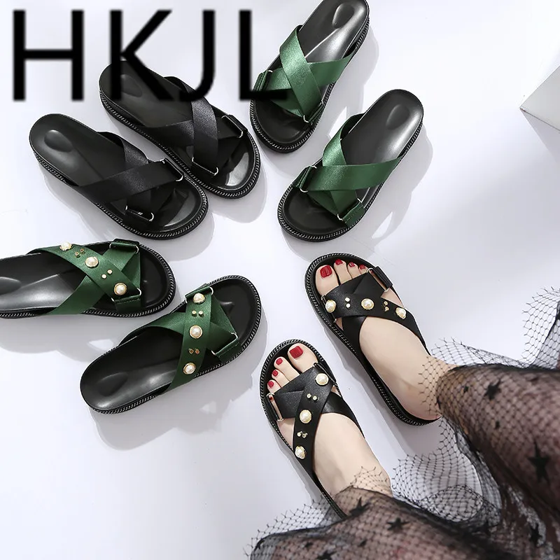

HKJL Slipper women 2019 summer fashion wear thick bottom casual pearl metal buckle cloth surface X sandals A380