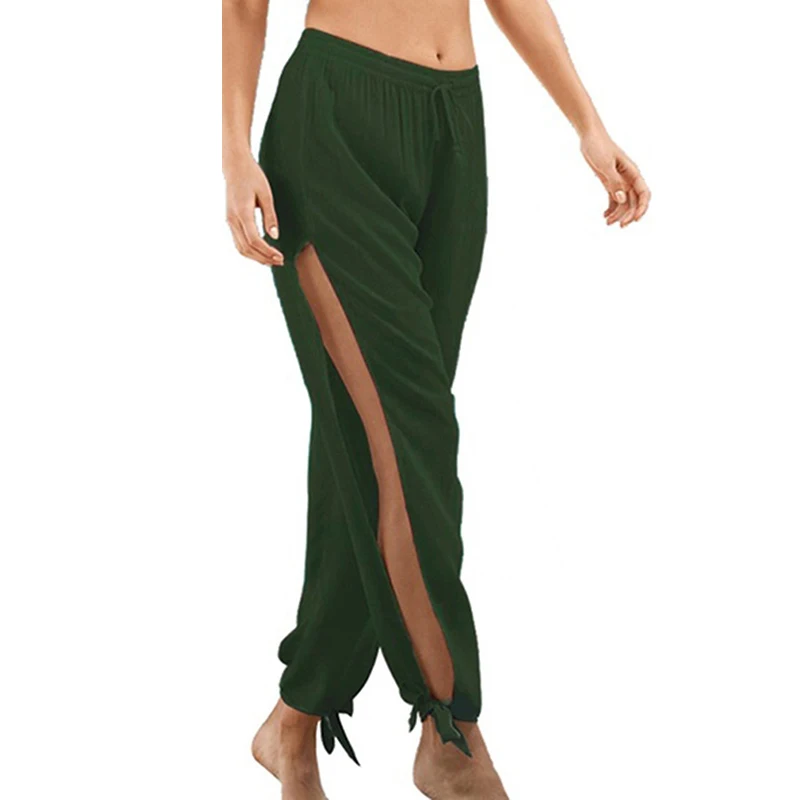 

New Spring Summer Women Casual Trousers Drawstring Loose Low Waist Bow Side Split Wide Leg Pants