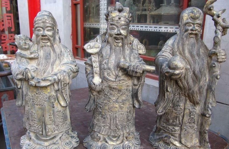 

23"Chinese Folk Bronze Three Longevity God " Fu Lu Shou " Buddha Statue Set