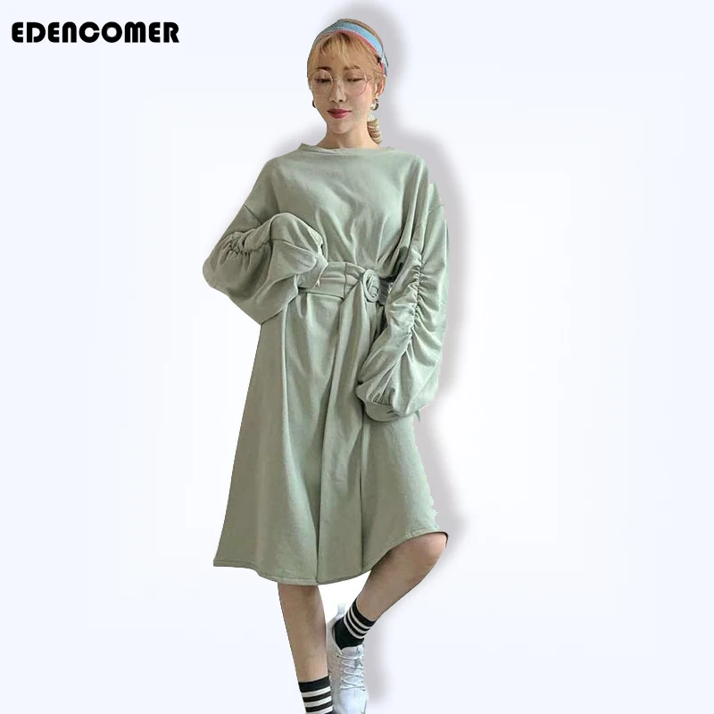 

EDENCOMER 2019 Spring Design Sense Belt Thick Korean Version of Lantern Sleeve Length Dresses Casual Dress Vestidos