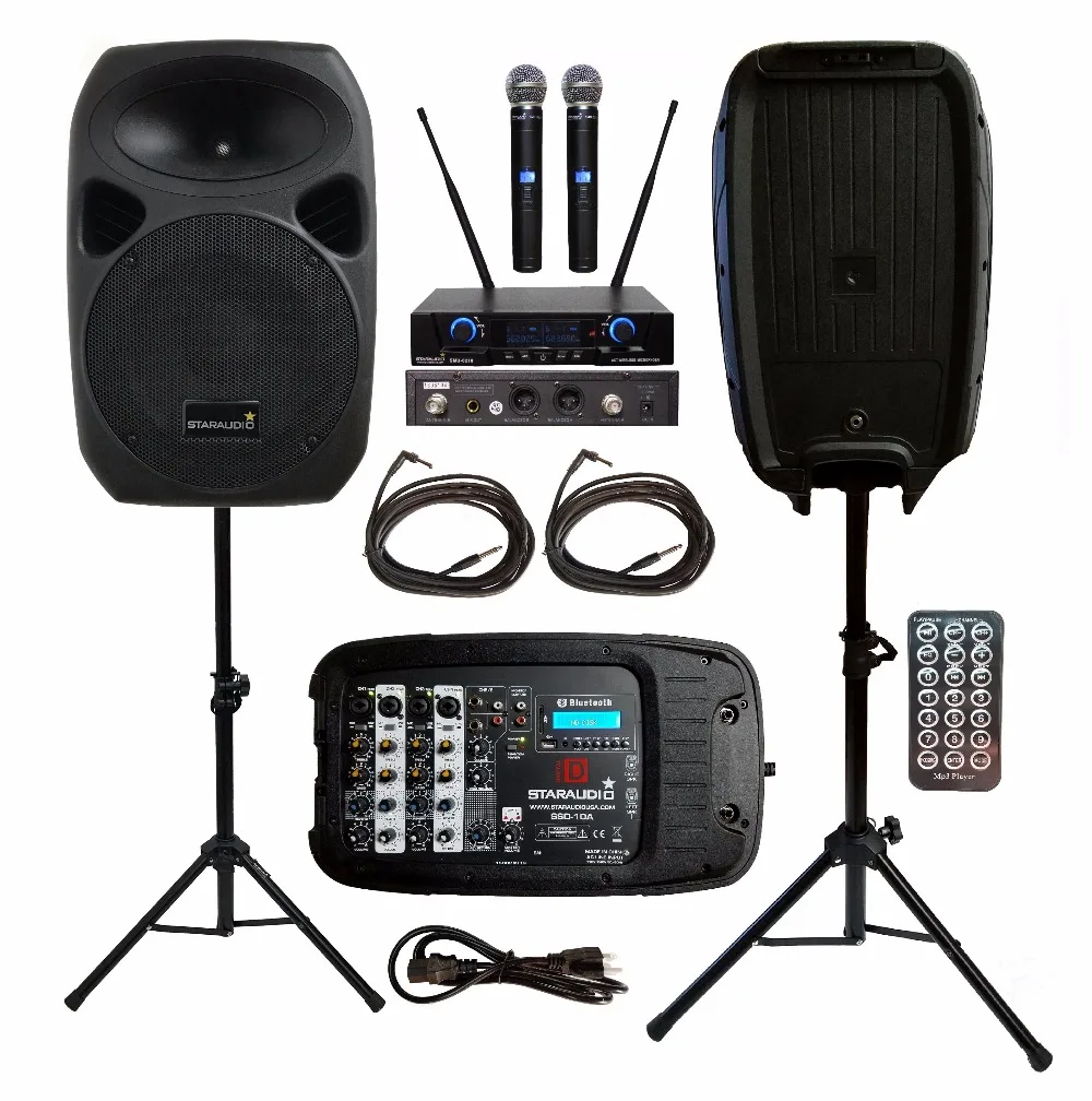 

2Pcs STARAUDIO 1500W 10inch PA DJ USB MP3 BT Speakers W/2CH UHF Wireless Microphone 2 Stands With Powered Mixer Cables SSD-10A