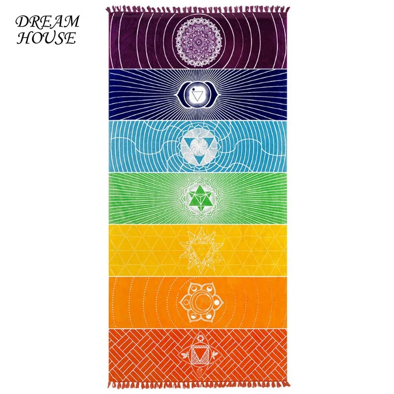 

Rainbow Chakra Tapestry Mandala Beach Towel Mat Stripes Bohemia India Mandala Blanket Summer Mandala Tapestry Wall Hanging Mat