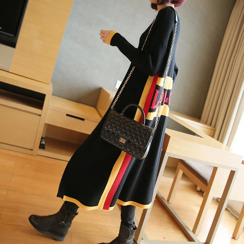 Осень и зима женский длинный секционный контрастный цвет вязаный кардиган с длинным рукавом свободный толстый свитер пальто - Цвет: black