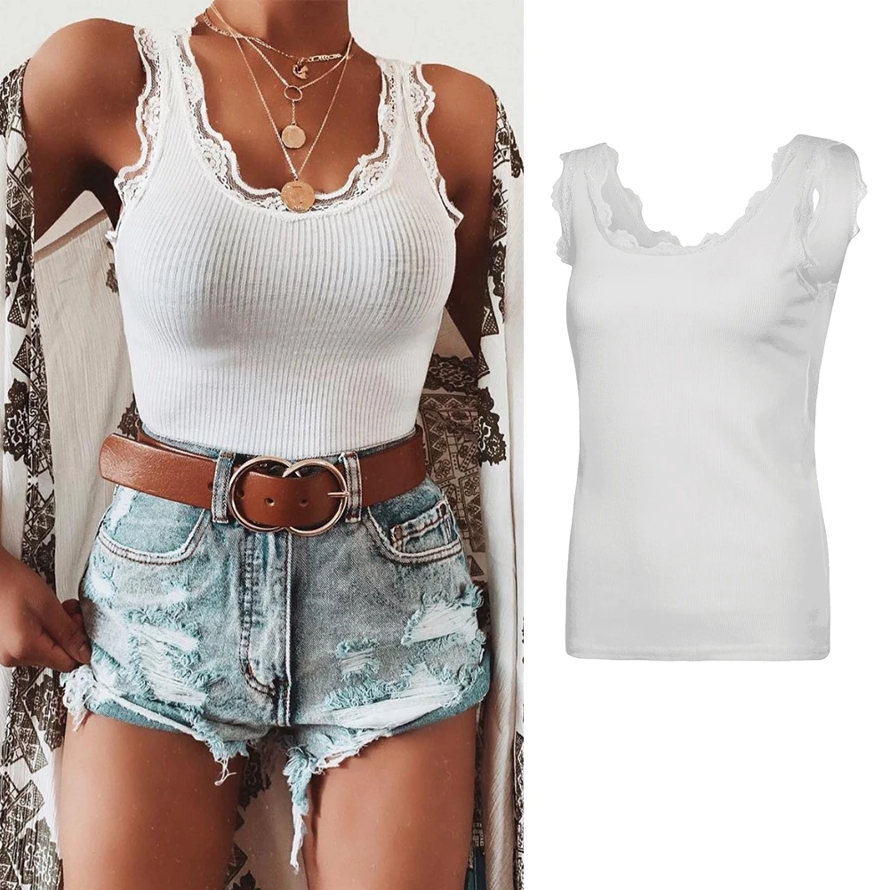 

2019 Ladies Women Lace Vest Sleeveless Tops Summer White Solid Slim Tank Tops T-Shirt Tees