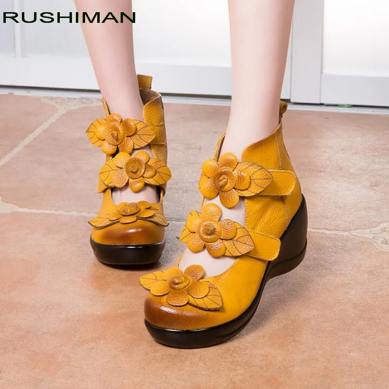 

RUSHIMAN Handmade Women High Heel Shoes wedges Cowhide Genuine Leather Shoes Woman Fashion Shoes