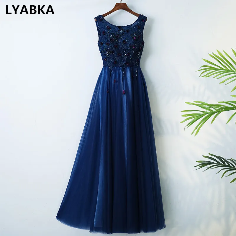 

2019 Navy Blue Tulle With Appliques Evening Dress Formal Gown Robe de Soiree Scoop Neck Evening Dresses Long Vestido De Festa