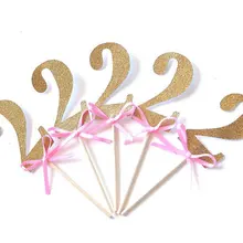 2nd День рождения кекс топперы, блеск золота с розовым бантом заказ номер свадьбы зубочистки Свадебные Baby Shower партии Декор