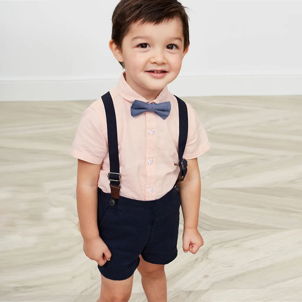 Toddler Baby Boys Gentleman Bow Tie T-Shirt Tops+Solid Shorts Overalls Outfits