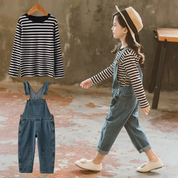 

Girls Jean Clothes 2019 Spring New Long-sleeved Shirts + Blue Overalls Girls Denim School Sets Children Clothing 4 6 8 9 12Years